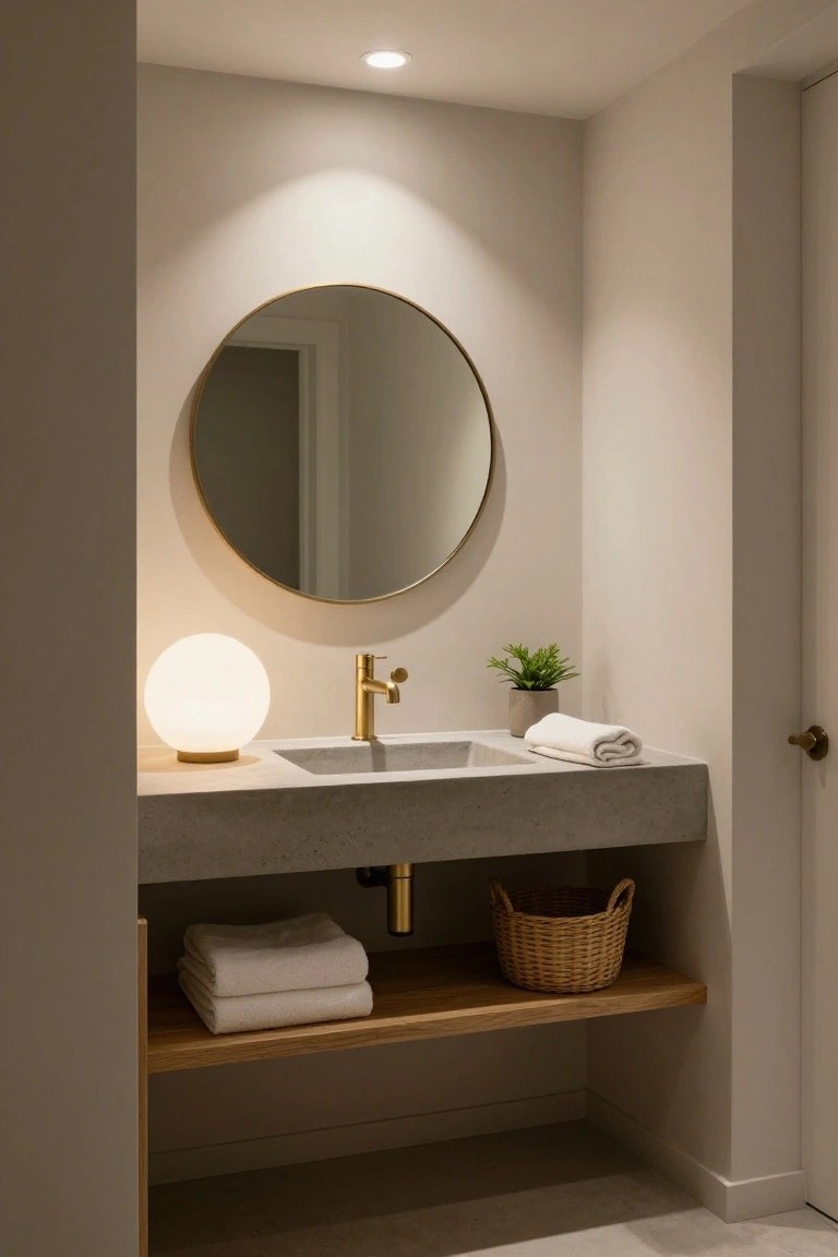 Close-up view of a modern Japandi-style bathroom vanity with a concrete sink, brass faucet, gold-framed round mirror, white globe table lamp, small potted plant, folded white towels, wood shelf holding towels and a wicker basket, and a recessed ceiling light.