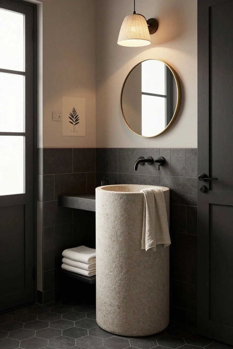 Modern bathroom interior with beige cylindrical stone pedestal sink under black wall-mounted faucet, round gold mirror, fabric-shaded pendant ceiling light, black hexagonal floor tiles, stacked towels on shelf, and dark wood door.