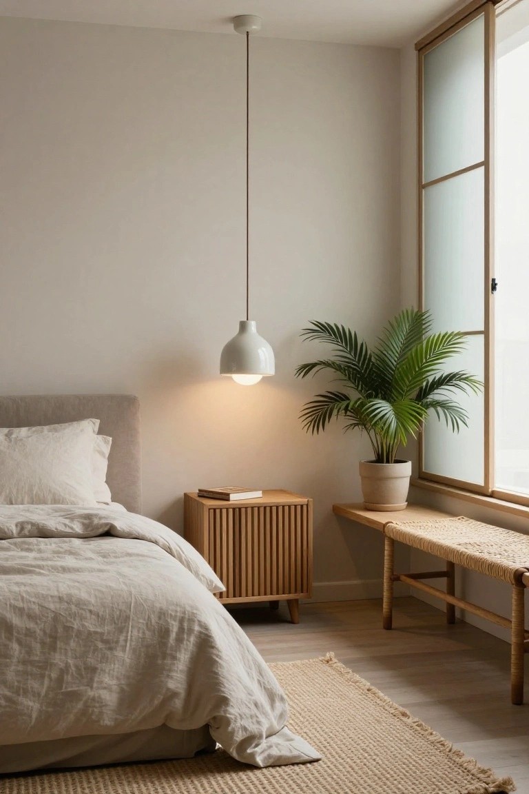 A white pendant ceiling light hangs over a bed with beige linen bedding in a light-colored bedroom corner, next to a slatted wooden nightstand, potted palm plant by a frosted window, rattan bench, and beige rug on wood floor.