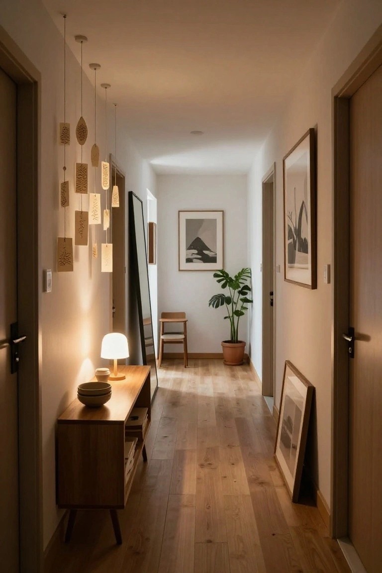 Narrow indoor hallway with light oak flooring, wooden console table topped with a lamp and bowls, full-length mirror, cluster of hanging beige wooden rectangular and leaf-shaped pendants from the ceiling, potted monstera plant, framed abstract art, and closed doors on both sides.