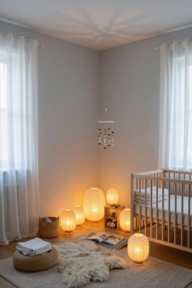 Cozy nursery corner featuring a wooden crib with bedding, several lit round paper lantern floor lamps, a hanging mobile with beads, sheer white curtains on windows, sheepskin rug, open book, and wicker baskets on light wood floor with gray walls.