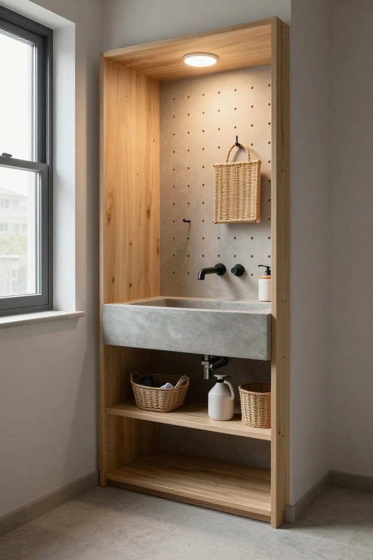 Wooden framed cabinet unit with concrete sink, black wall-mounted faucet, pegboard back panel holding a woven basket, storage shelves with wicker baskets below, and a circular flush-mount recessed ceiling light above, beside a dark-framed window in a light gray room.