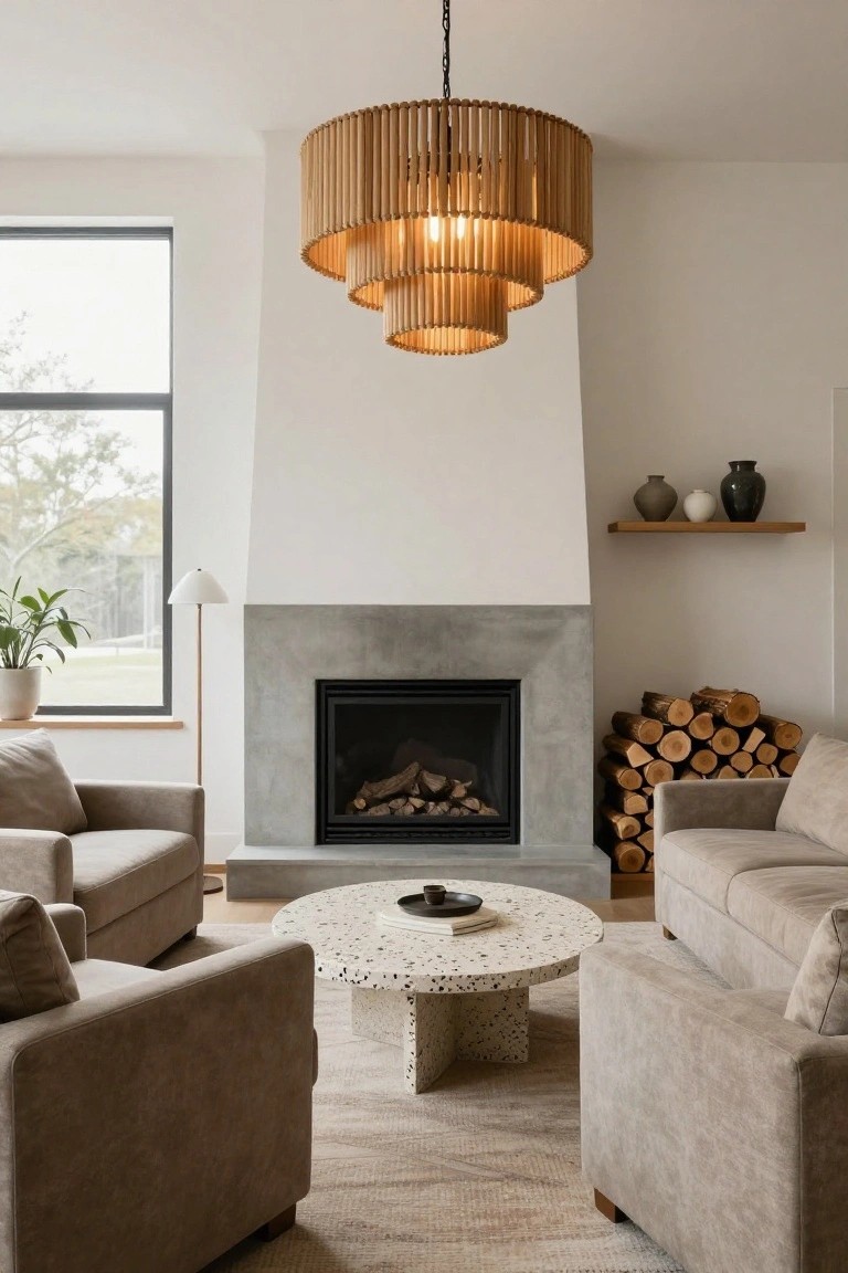 Modern living room interior with two beige upholstered sofas around a white terrazzo coffee table, gray concrete fireplace stacked with firewood, large tiered wooden slat chandelier overhead, floor lamp, potted plant, wall shelves holding ceramic vases, and a large window showing trees outside.