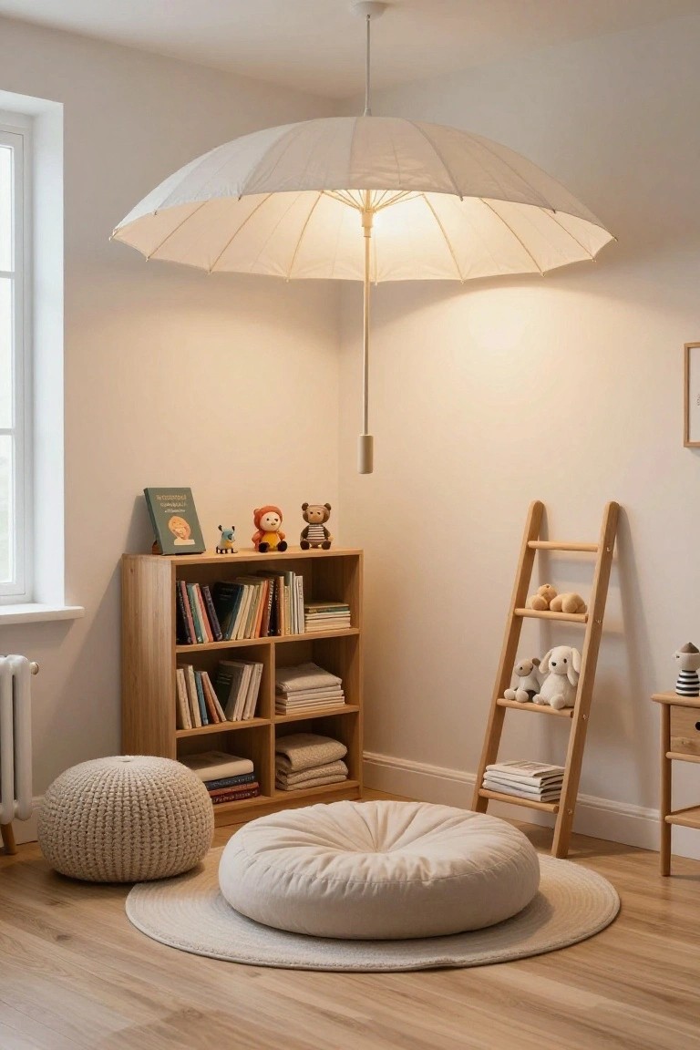 Cozy children's corner with umbrella light, bookshelves, toys, and floor cushions.