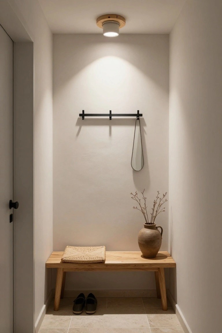 Minimalist white entryway with wooden ceiling-mounted light fixture shining down on a wooden bench with seagrass cushion and black shoes, terracotta vase holding branches, black coat rail with hanging bag and oval mirror, neutral walls and tiled floor.