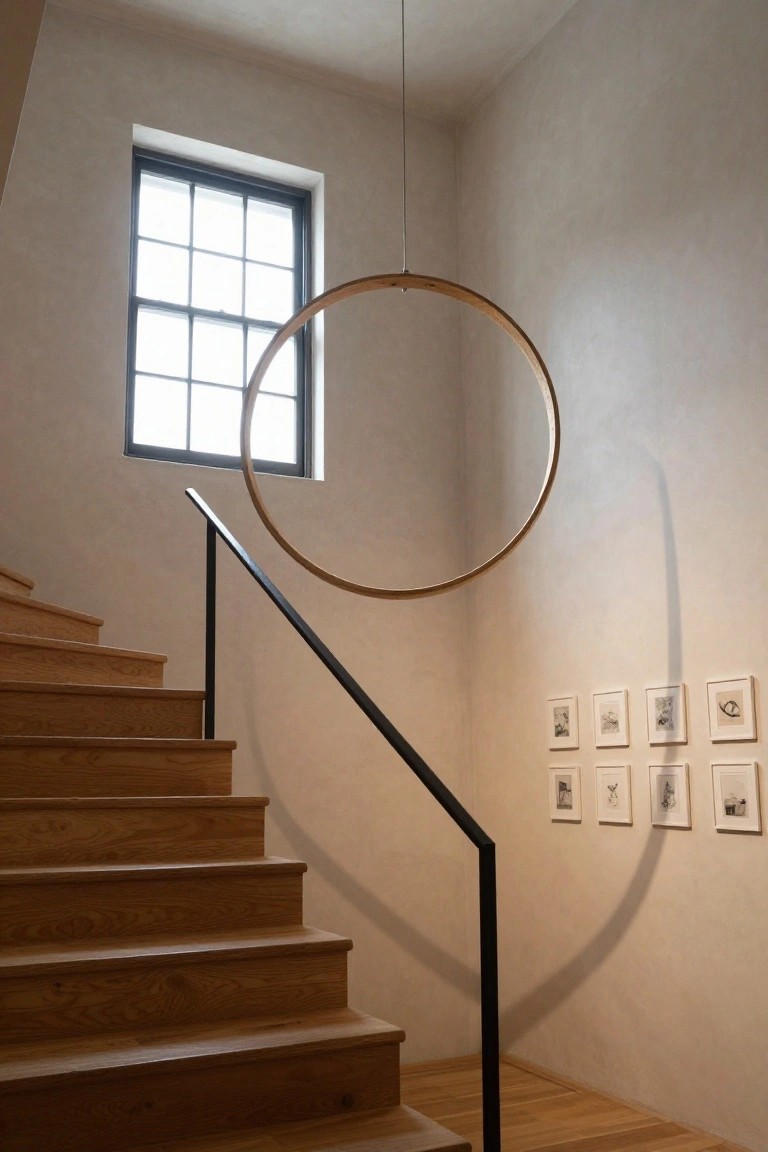 Tall wooden staircase with black metal railing and oak treads, large suspended wooden ring pendant light, black-framed window, and small white-framed artworks on beige wall in light interior.