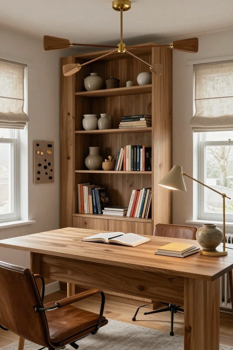 Home office corner with tall wooden bookshelf filled with ceramics and books, oak desk with open notebook, brown leather chair, paddle-blade wooden ceiling light on brass, desk lamp, and two windows with linen shades.