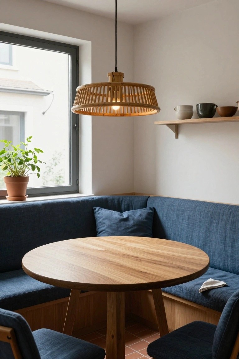 Corner indoor dining nook with navy blue fabric bench seating around a round light wood table, under a large woven bamboo pendant light, beside a window with a potted plant and floating shelves holding ceramics.