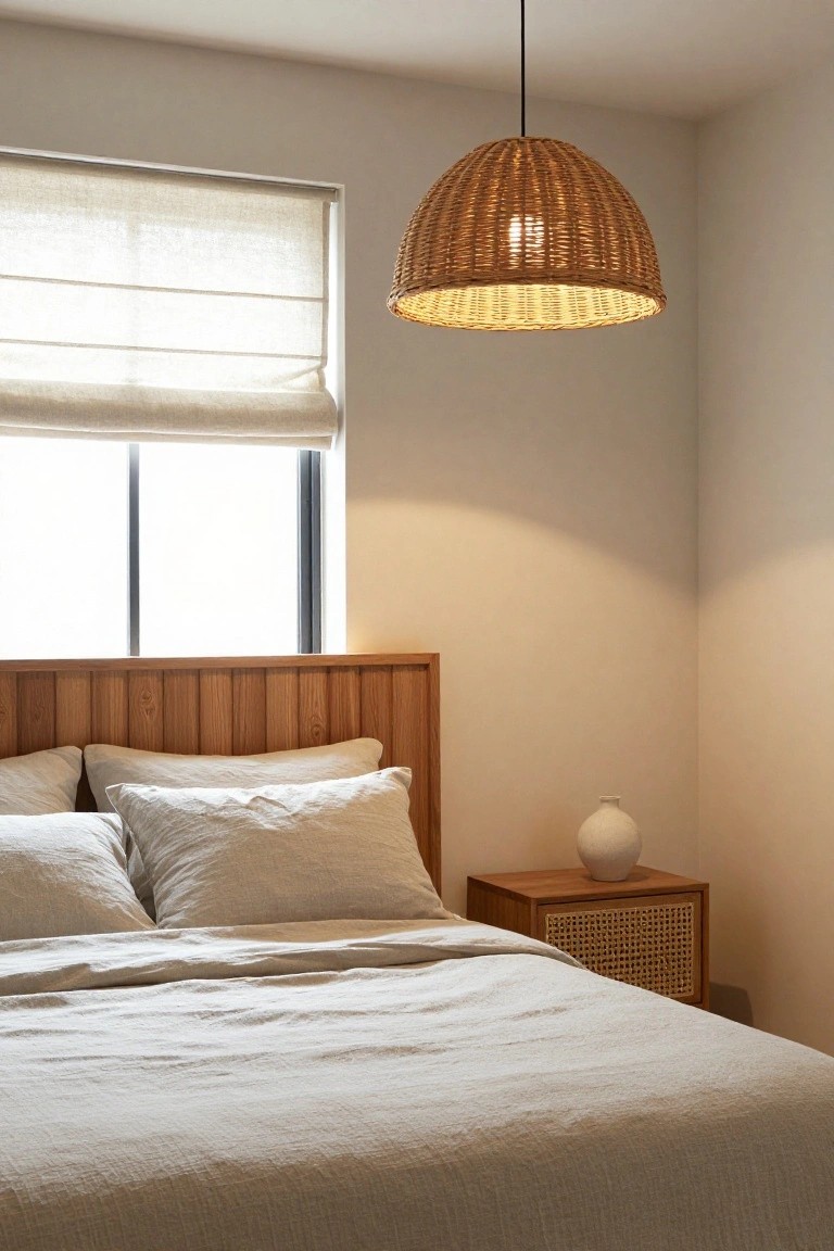 Bedroom corner showing a bed with light wooden slat headboard and white linen bedding, rattan nightstand holding a white vase, large woven rattan dome pendant light hanging from the ceiling, and linen-covered roller shade window.
