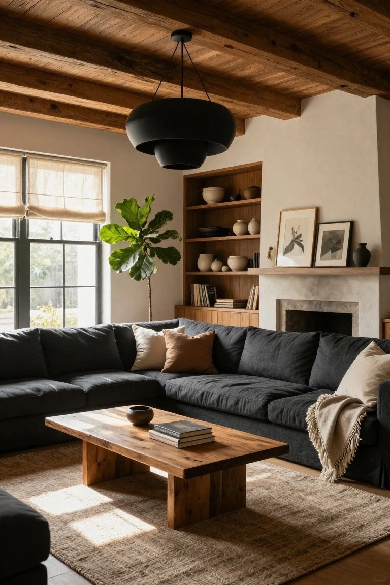 Living room interior with vaulted wooden beam ceiling, black double-bowl pendant light, dark gray L-shaped sofa, low wooden coffee table, built-in wooden shelves with pottery, fiddle leaf fig plant by linen-shaded window, and stucco fireplace.