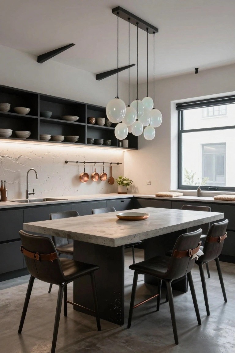 Modern kitchen interior featuring black cabinets, a concrete dining table with leather chairs, hanging copper pots, and a cluster of white bubble-shaped glass pendant lights over the table.