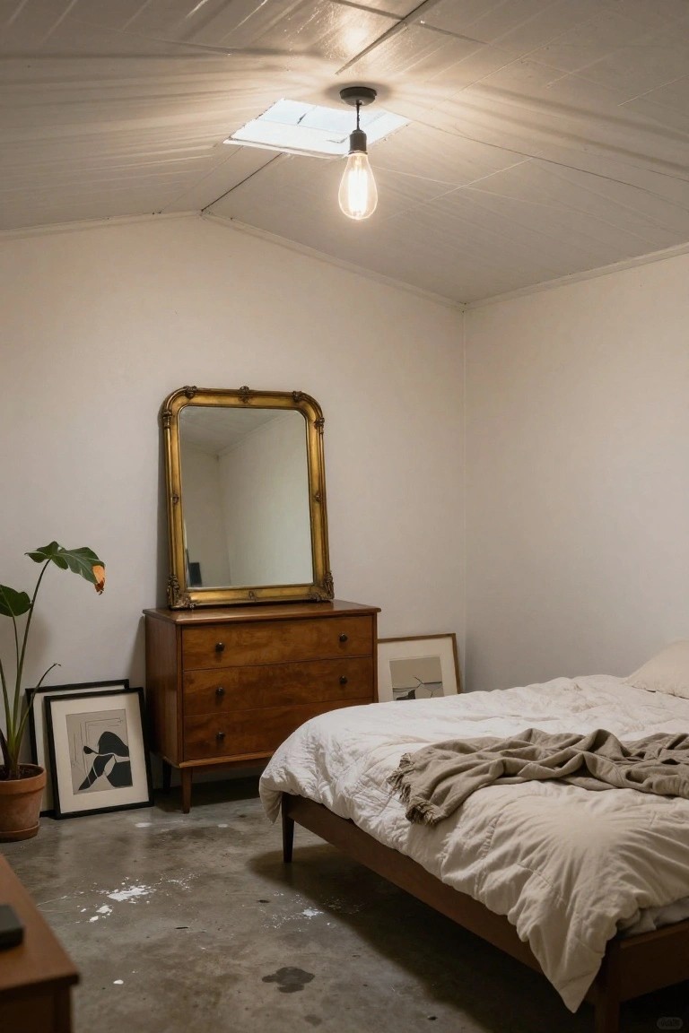 Bedroom with white vaulted ceiling and single hanging exposed bulb light, wooden bed with white sheets and throw, gold mirror above wooden dresser, framed art, potted plants, and concrete floor.