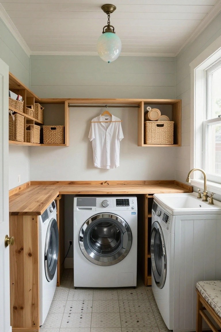 Laundry room interior with wooden cabinets and countertop enclosing white washer and dryer, white sink, brass faucet, hanging frosted globe pendant light from paneled ceiling, wicker baskets on open shelves, hanging rod with white shirt, wooden bench, and window.