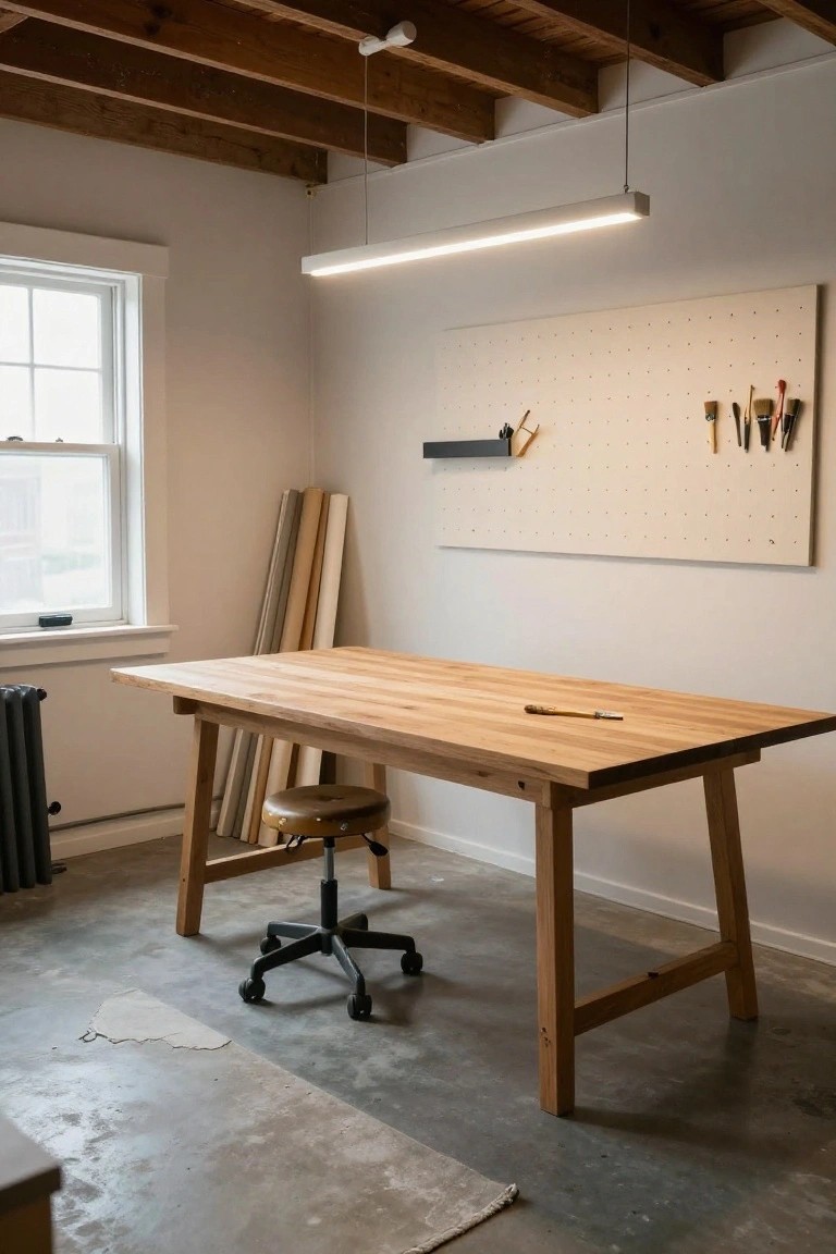 Workshop room with exposed wooden ceiling beams, suspended long white linear LED pendant light, oak workbench topped with a pencil, pegboard wall holding tools and brushes, wooden stool, and window.