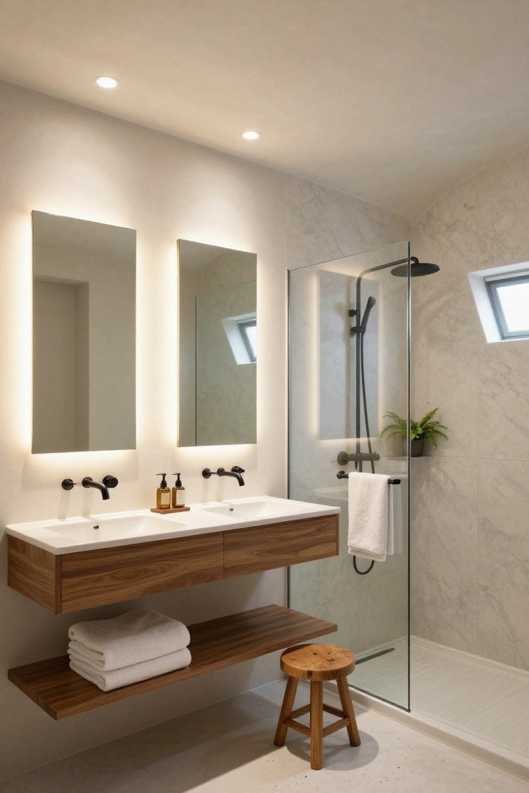 Modern bathroom with vaulted ceiling and recessed downlights, two backlit mirrors, floating walnut vanity with double sinks, glass shower enclosure, potted plant, towels, and wooden stool.