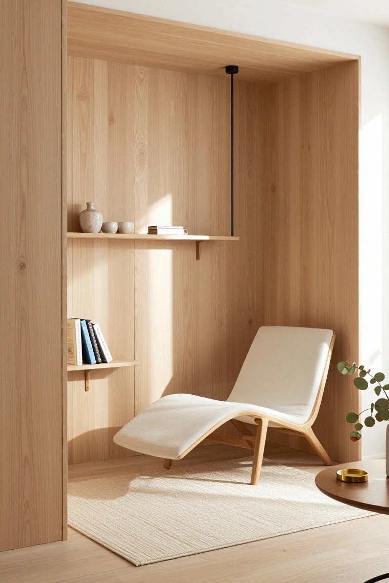 Recessed alcove with blonde vertical wood paneling on walls and ceiling, built-in oak shelves displaying books, vase, and cups, white curved chaise lounge chair, small wooden side table with brass tray, potted plant, hanging black pendant light, cream wool rug, and light oak floor.