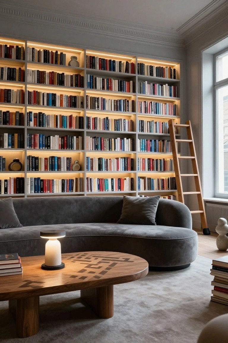 A living room with floor-to-ceiling white bookshelves lit by recessed LED strips, gray curved sofa, oval wooden coffee table with lamp, wooden ladder, and large window.