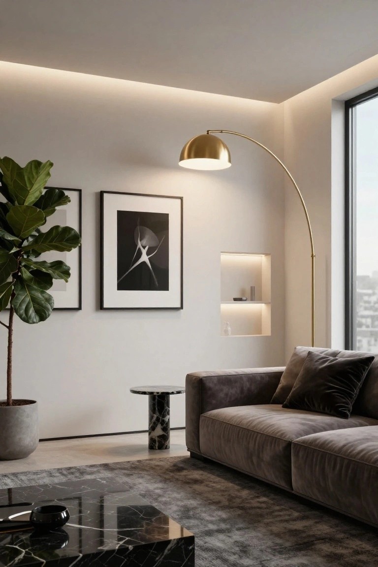 Modern living room featuring a gray velvet sofa, black marble coffee table, gold arc floor lamp, fiddle leaf fig plant in gray pot, black-framed artwork, backlit wall niche, perimeter ceiling cove LED lighting, and large window with city view.