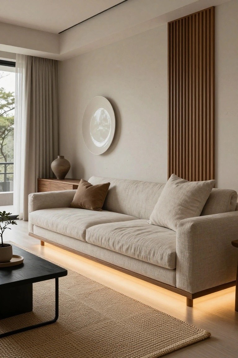 Beige linen sofa with wooden legs lit by LED strips underneath casting a warm yellow glow on the light wood floor, in a neutral living room with wooden slat wall, large white wall plate, brown ceramic vase on credenza, black metal coffee table, beige seagrass rug, potted plant, and sheer-curtained window showing trees outside.