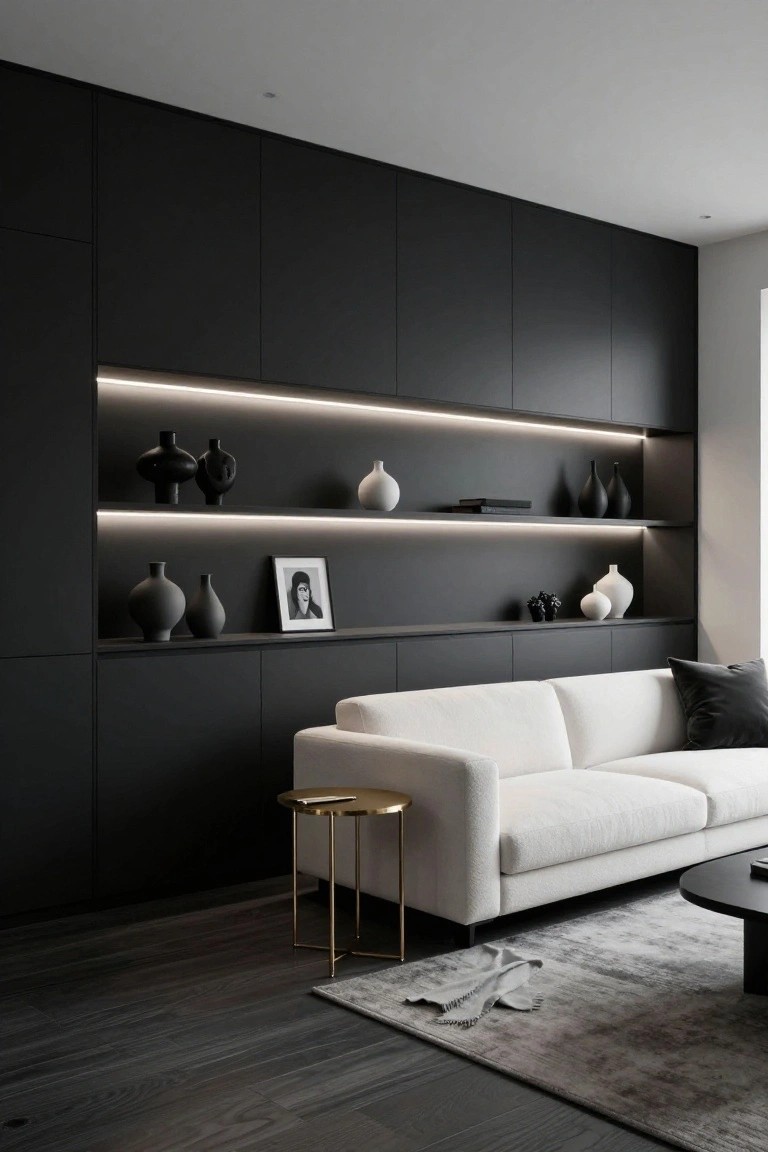 Modern living room with tall black built-in wall cabinets featuring recessed white LED strips lighting shelves holding black and white ceramic vases, flanked by a white sofa, gold side tables, black coffee table, and dark wood flooring.