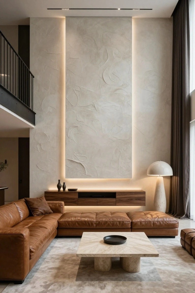 Tall beige textured plaster wall with vertical LED backlighting in a modern living room featuring a brown leather L-shaped sofa, white marble coffee table, wooden media cabinet, and black metal balcony railing above.