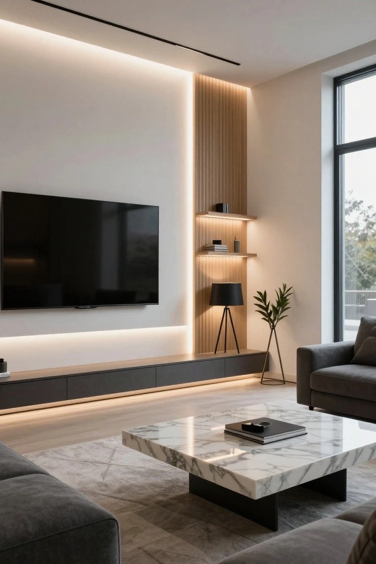Modern living room with large wall-mounted TV on wood slat panel illuminated by recessed LED strips, low black media cabinet, gray L-shaped sofa, white marble coffee table, tripod floor lamp, and large window.