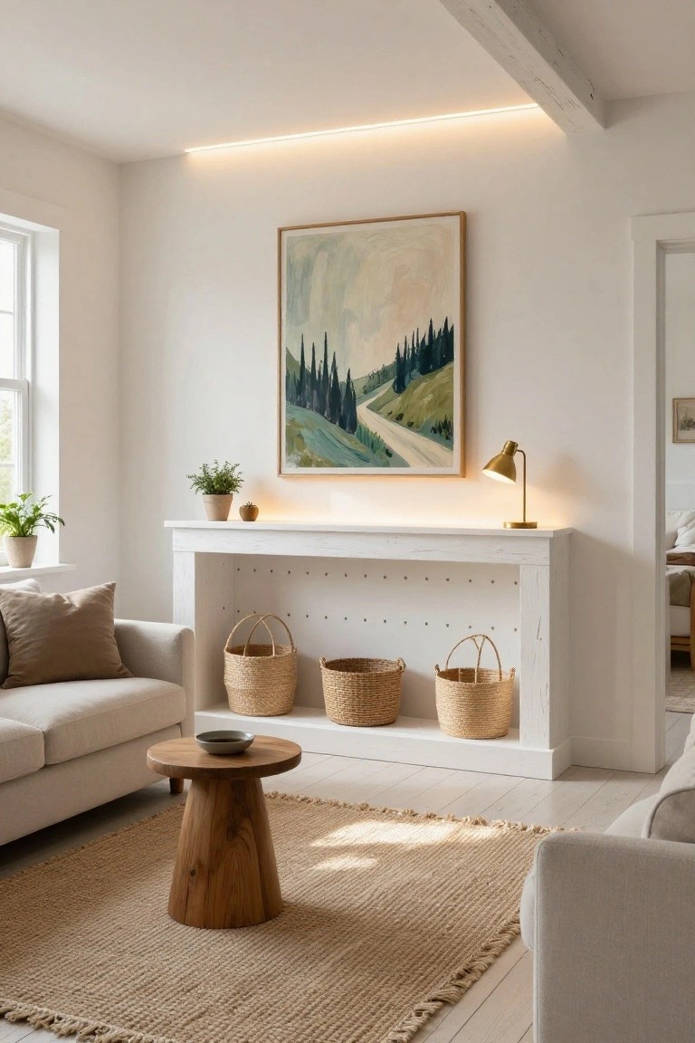 Cozy living room with white console, woven baskets, landscape art, and wooden coffee table.
