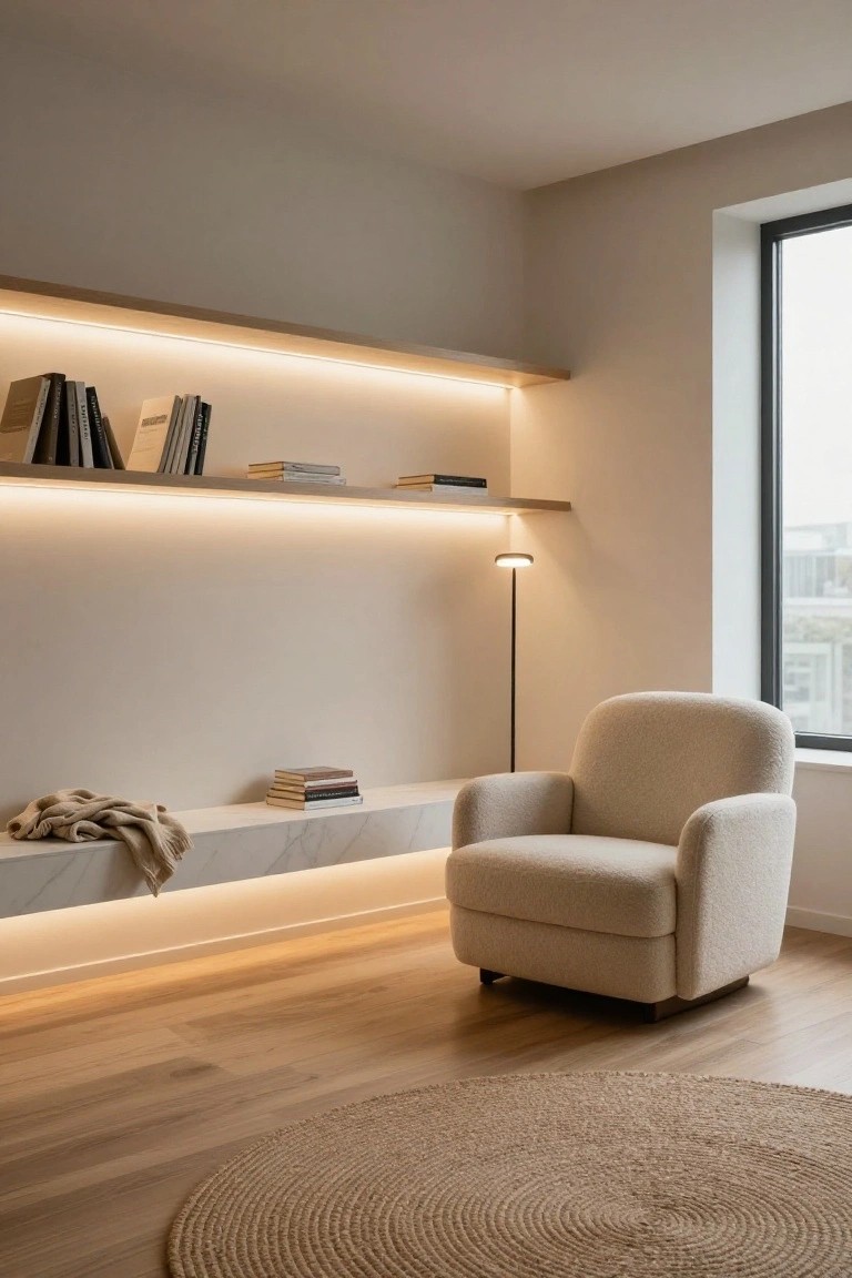 Modern living room reading corner with floating wooden shelves holding books, LED strip lighting underneath glowing warmly, a low white marble bench with a cream throw, plush cream armchair, slim floor lamp, beige seagrass rug on light oak floors, and large window with city view.