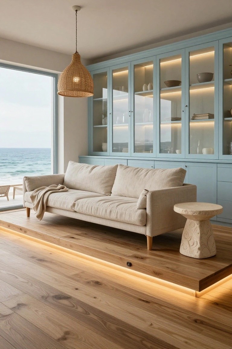 Modern living room featuring a beige linen sofa on a raised wooden platform with underlit LED strips, blue glass-fronted cabinets with interior lighting, rattan pendant lamp, and large window with ocean view.