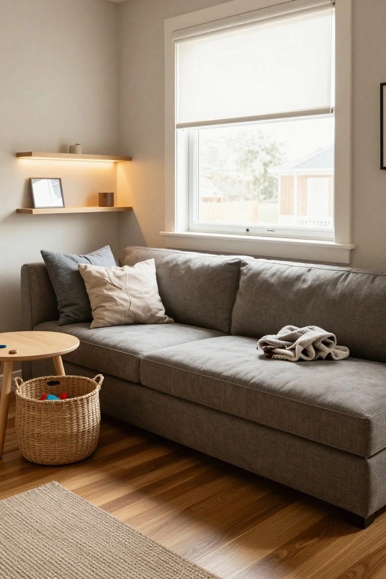 Corner of a light gray living room with gray sofa, beige pillows, oak side table, wicker toy basket, floating oak shelf lit from below by warm LED strip, and large window with white roller blind.