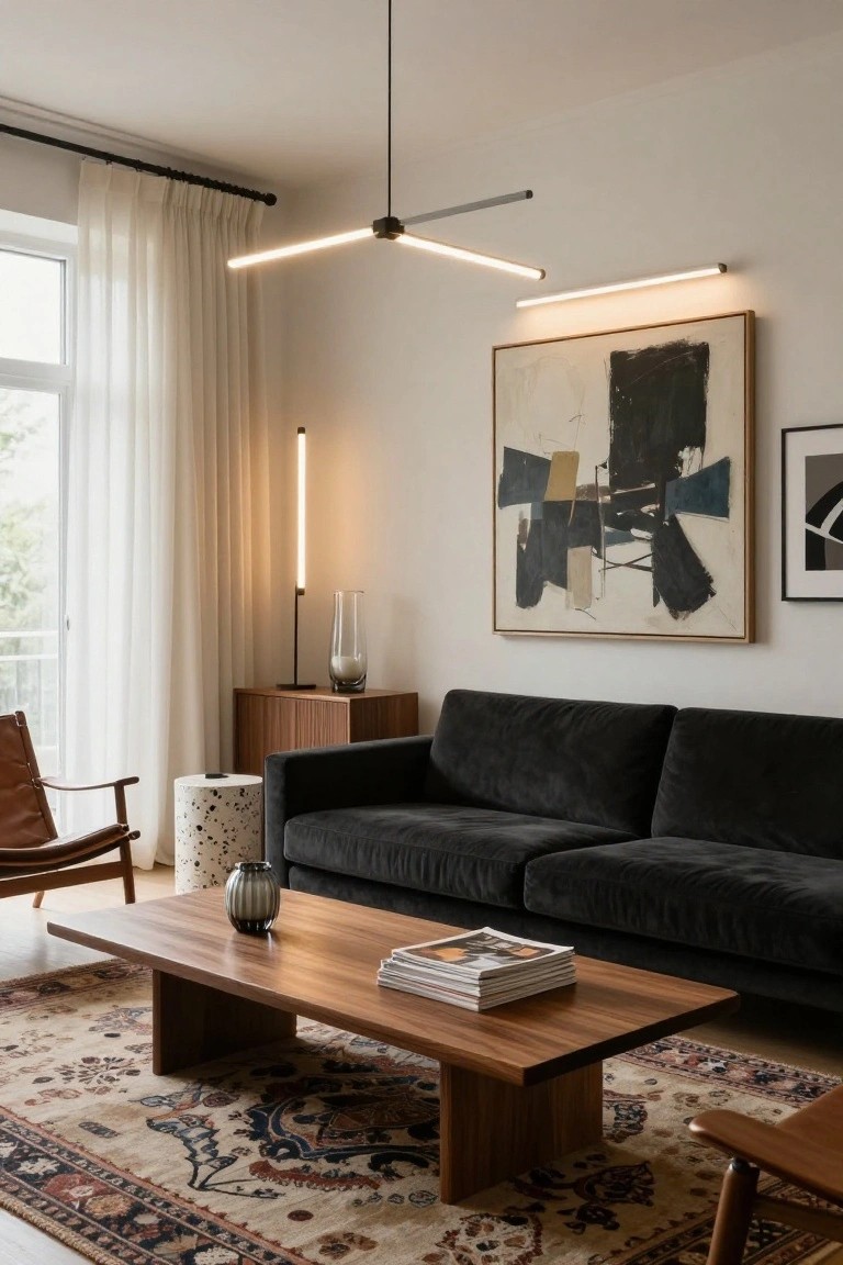 Contemporary living room with black velvet sofa on Persian rug, wooden coffee table and side tables, leather armchair, abstract painting on wall, glass vases, and linear LED lights including cross-shaped ceiling fixture, wall-mounted strips, and floor lamp, viewed through large window with sheer curtains.