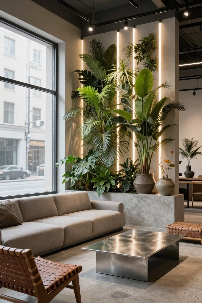 Modern living room interior with beige modular sofa, rattan chairs, polished metal coffee table, large potted plants, vertical green wall of tropical foliage backlit by slim LED strips, and a floor-to-ceiling window showing an urban street view.