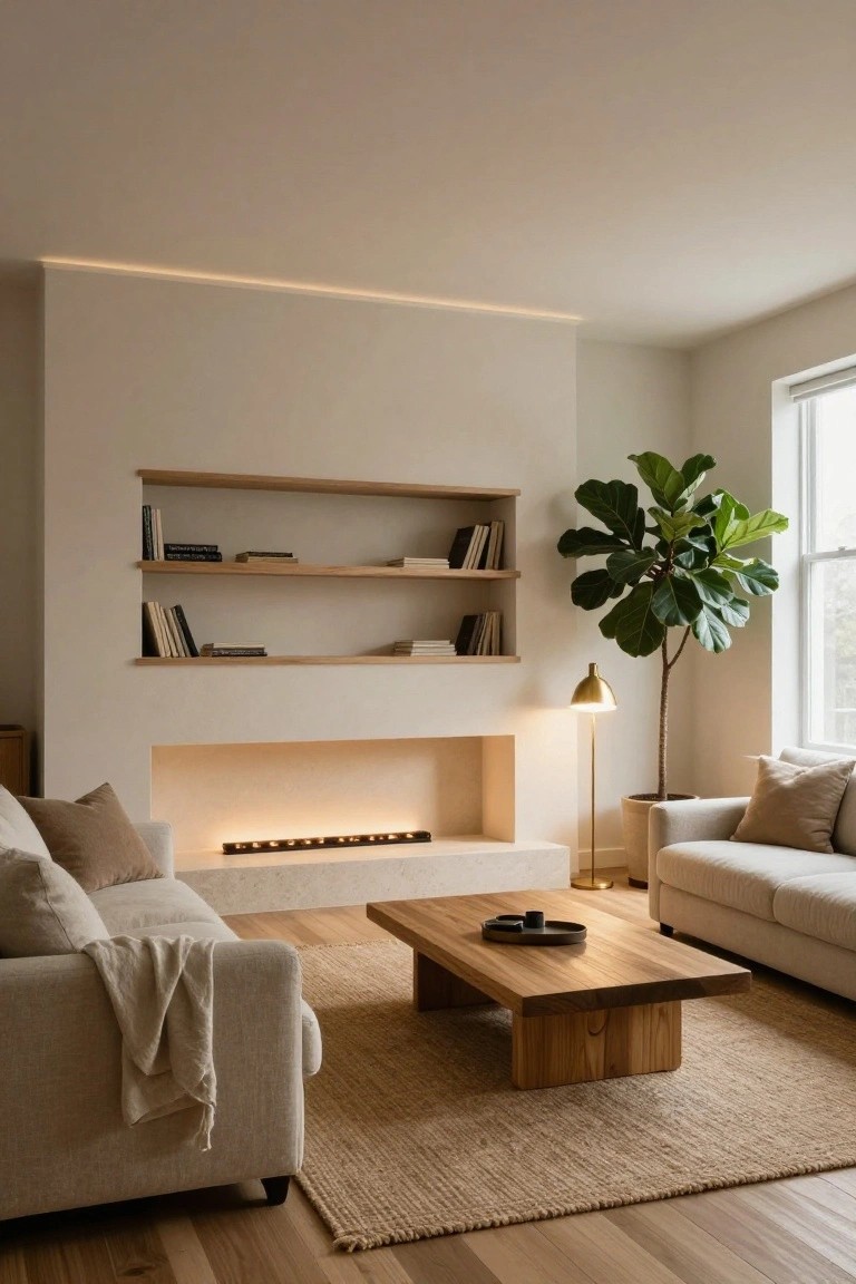 Minimalist living room with beige walls, recessed oak shelves above a linear LED-lit fireplace, cream linen sofa with throw, wooden coffee table, fiddle leaf fig plant, brass floor lamp, seagrass rug, and oak wood floors.