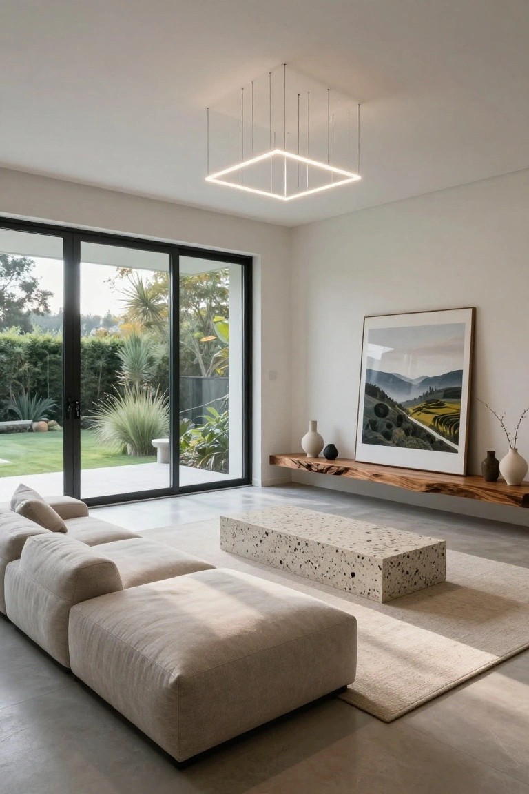 Modern living room with suspended square LED pendant light above beige modular sofa and terrazzo coffee table, sliding glass doors to garden, wooden shelf with vases and large framed landscape photo.
