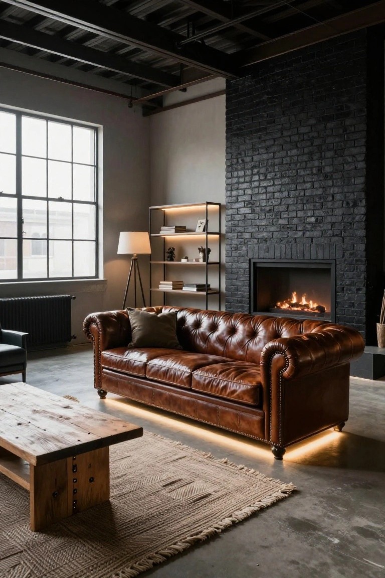 Industrial-style living room with brown tufted leather sofa illuminated by LED strips under its legs, black brick fireplace, slim metal shelving unit with LED glow, rustic wooden coffee table, and large factory windows.