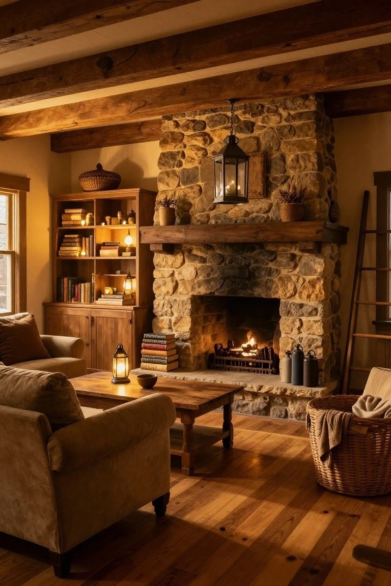 Cozy living room with exposed wooden beams, stone fireplace with burning fire, built-in bookshelves with books and small lamps, beige sofa, wooden coffee table with lantern, woven baskets, and multiple hanging and tabletop lanterns emitting warm light.