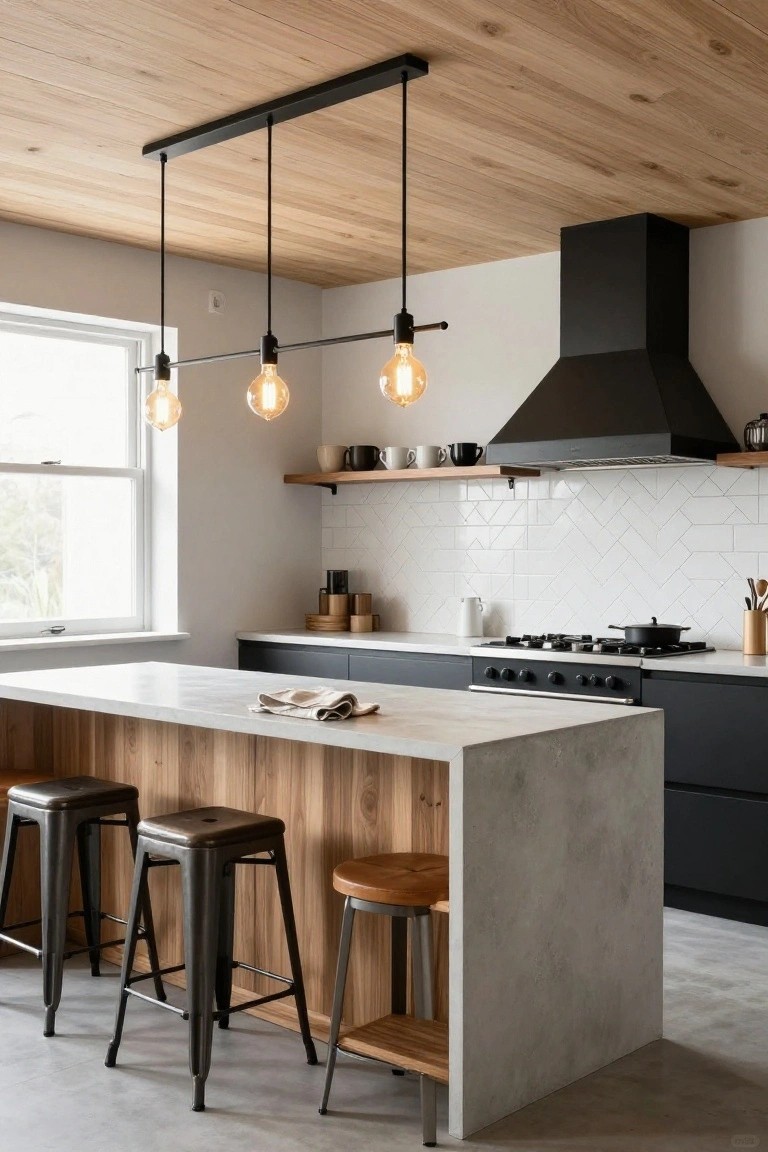 Kitchen interior with vaulted wooden ceiling, black linear pendant fixture with three exposed warm bulbs over white stone island supported by wood panels, flanked by black metal stools, dark gray cabinets, white herringbone tile backsplash, and black range hood.