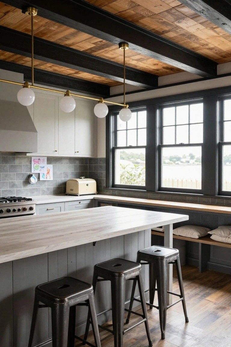 Kitchen interior featuring a large wood-top island with black metal stools, gray cabinets, exposed wood beam ceiling with brass linear pendant light holding three white globe shades, gray subway tile backsplash, and large black-framed windows with outdoor view.