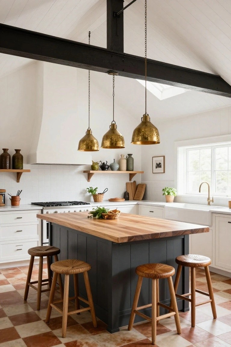 Kitchen interior with vaulted white ceiling and black beams, three hanging brass conical pendant lights over a large wooden island with leather stools, white cabinets, white range hood, and terracotta checkerboard floor.