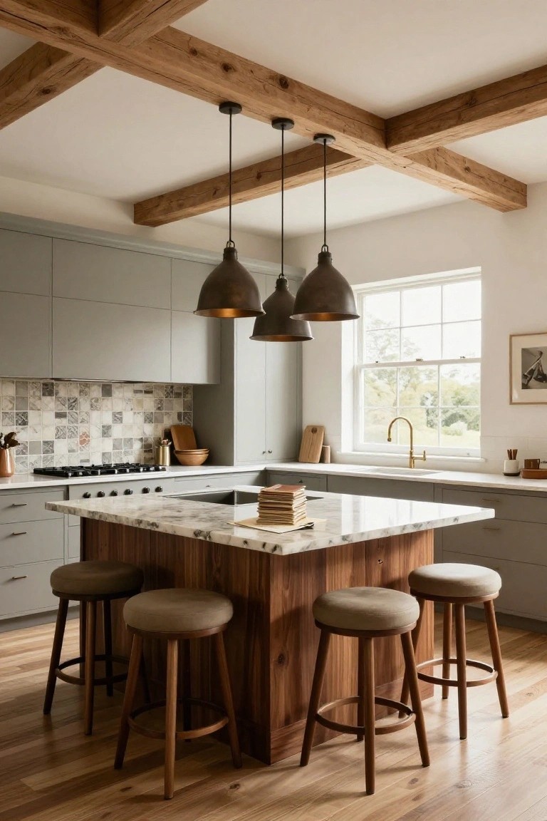 Kitchen interior featuring sage green cabinets, a white marble-topped wooden island with cushioned stools, three hanging bronze conical pendant lights from exposed wooden ceiling beams, gold gooseneck faucet, and patterned tile backsplash next to a window.
