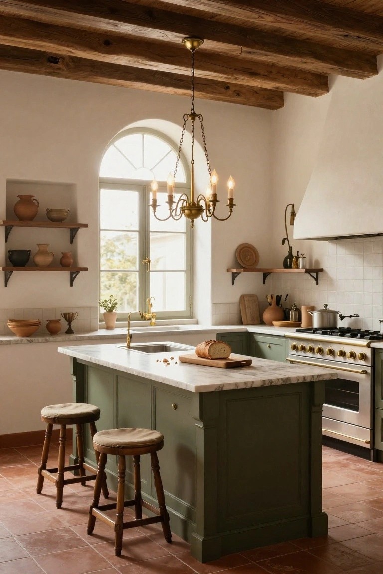 Kitchen with green island counter, white marble top, brass five-arm chandelier hanging from wooden beamed ceiling, arched window, shelves with pottery, terracotta tile floor.