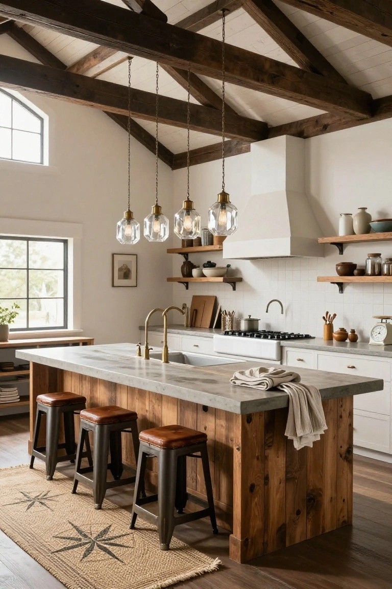 Kitchen with vaulted wooden beam ceiling and four clear glass globe pendant lights suspended over a large wooden island topped with concrete, flanked by black metal stools with leather seats.