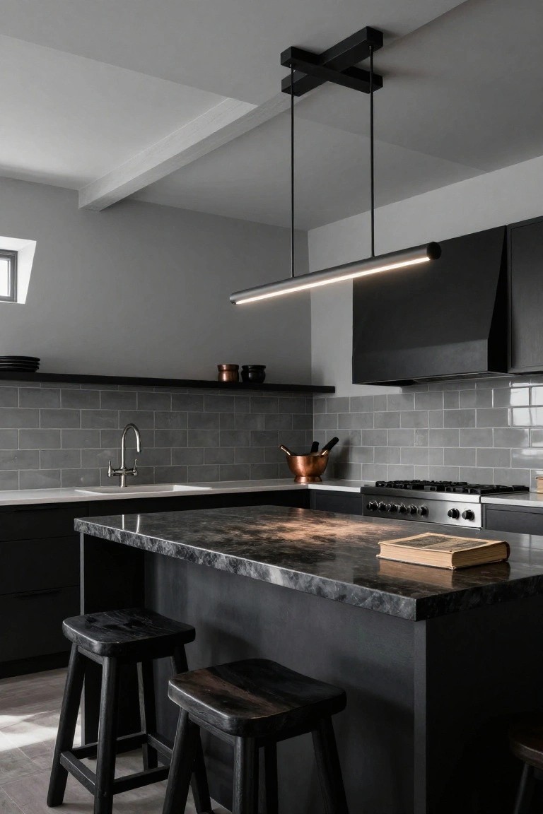 Modern kitchen with black cabinets, gray subway tile backsplash, white sink, stainless steel range, marble-topped island, black wood stools, and a slim horizontal LED linear pendant light suspended above the island.