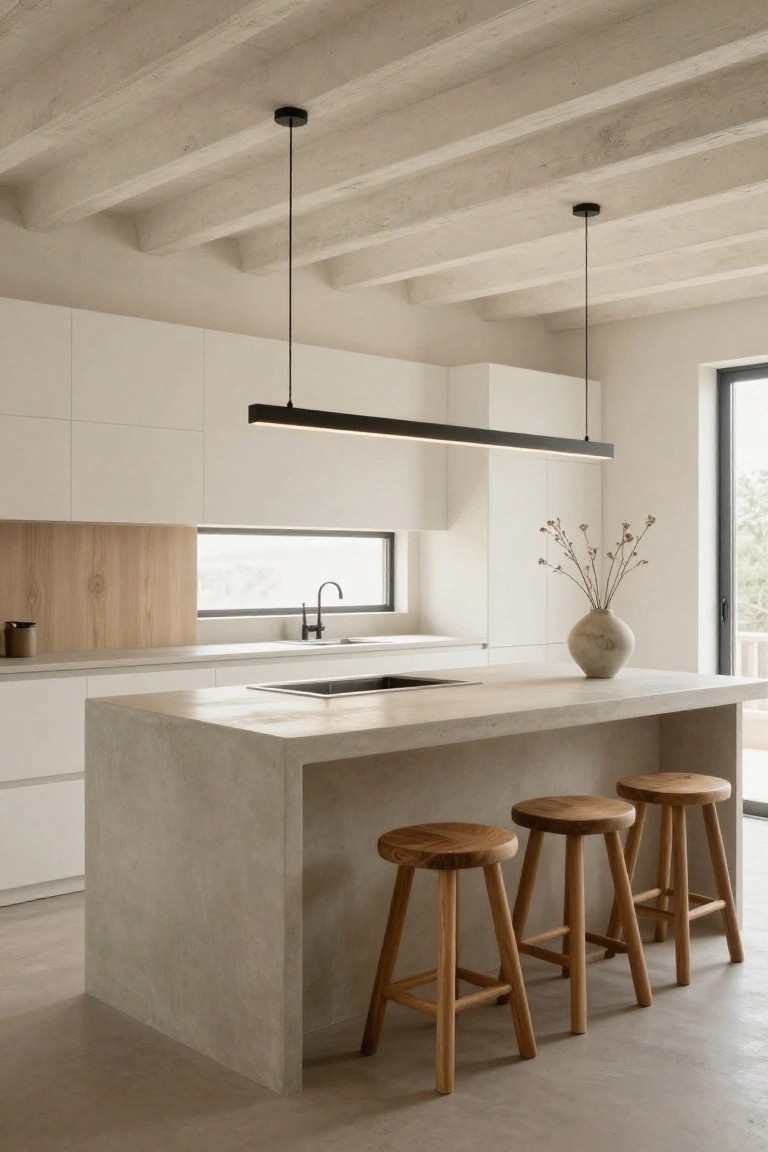 Modern kitchen with exposed wood beam ceiling, long black linear pendant light over gray concrete island with three wooden stools, white cabinets, oak backsplash, black-framed window, and beige vase on counter.