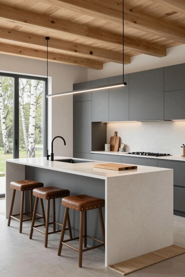 Kitchen interior featuring vaulted ceiling with wooden beams, gray cabinets, white quartz island with sink and wooden bar stools, slim linear black LED pendant light suspended above the island, and large windows showing birch trees outside.