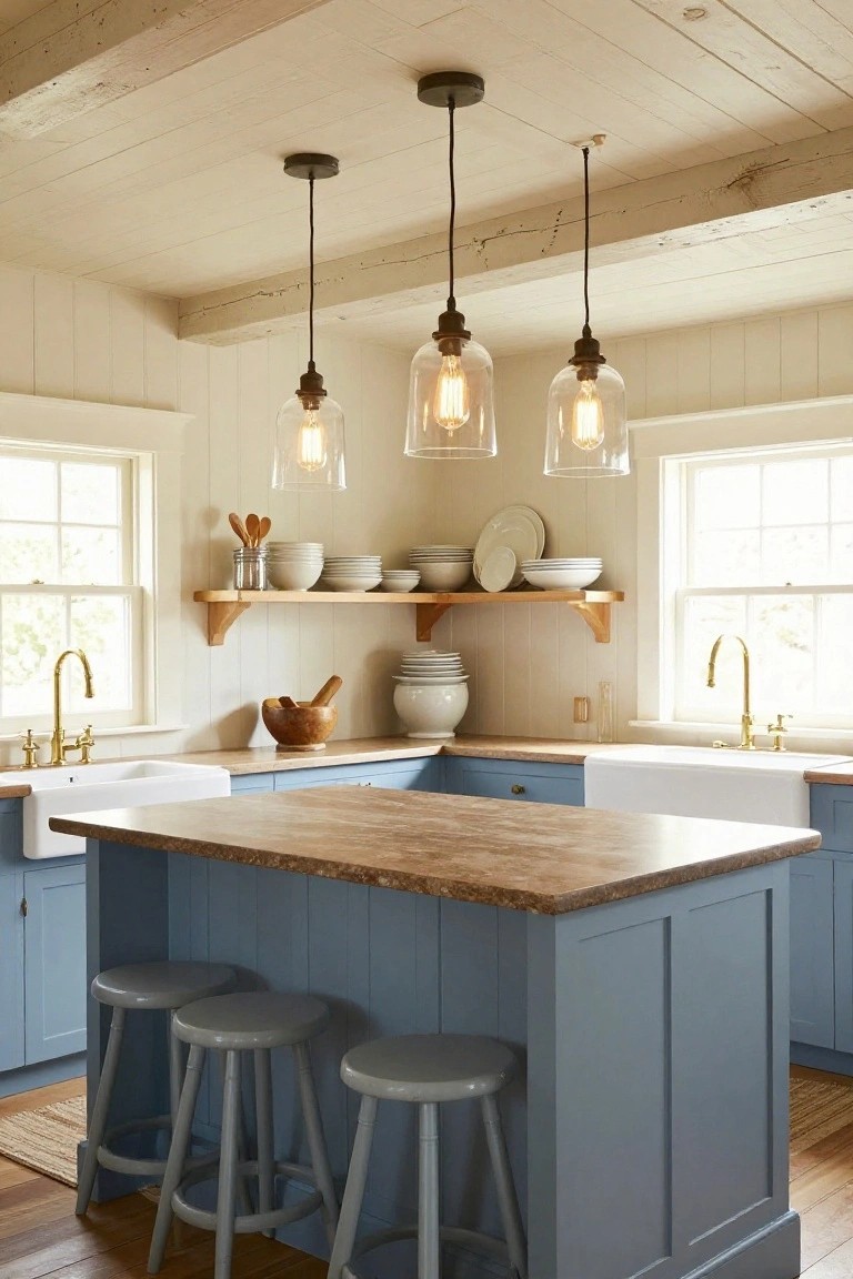Pendant Lights Over a Blue Kitchen Island