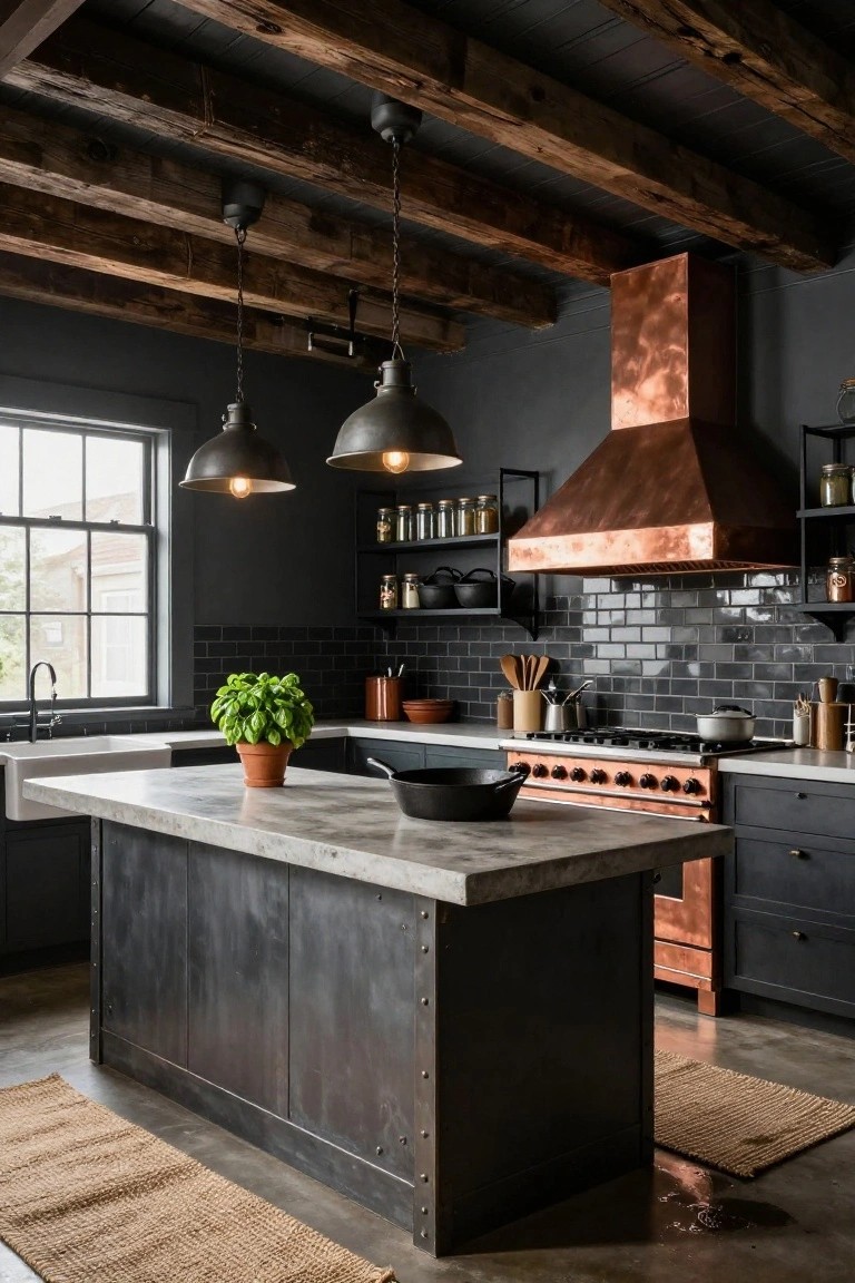 Kitchen with exposed dark wood beam ceiling, two black industrial pendant lights hanging over a large metal-sided island with concrete top, copper range hood, dark cabinets, black subway tile backsplash, and window light.
