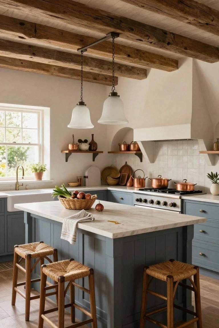 Kitchen with exposed wooden beam ceiling, two white globe pendant lights hanging over marble island with rattan stools, blue cabinets, copper pots on shelves, and farmhouse sink by window.