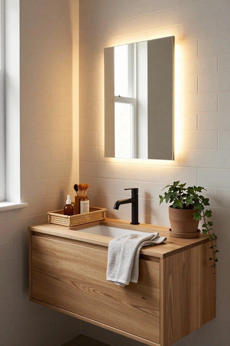 Modern bathroom corner with floating oak vanity, white rectangular sink, black matte faucet, backlit rectangular mirror, wicker tray holding bottles and brushes, potted ivy plant, white subway tile walls, and a folded towel on the counter.