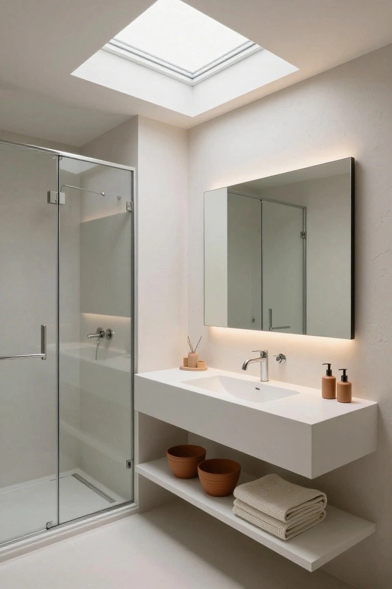 Modern minimalist bathroom featuring a glass shower enclosure, floating white vanity with sink and faucet, backlit rectangular mirror, wooden bowls and towels on open shelf, and skylight in the ceiling.